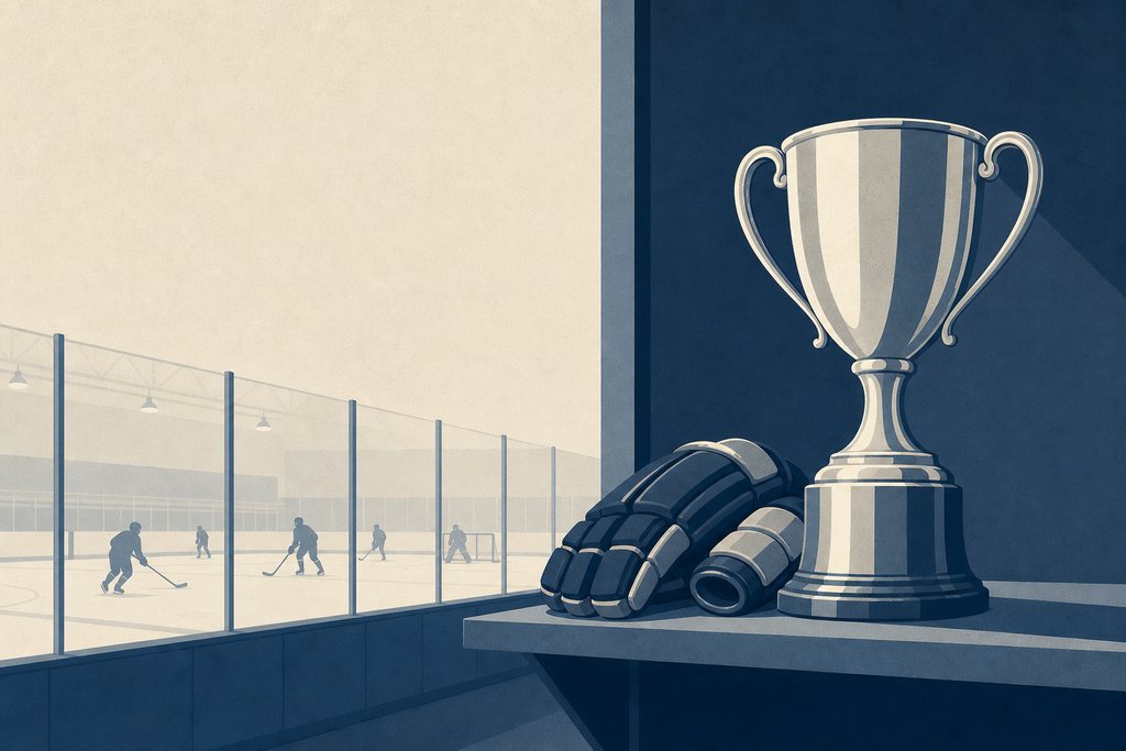 A plain unengraved metal trophy cup on a shelf beside a folded pair of hockey gloves.