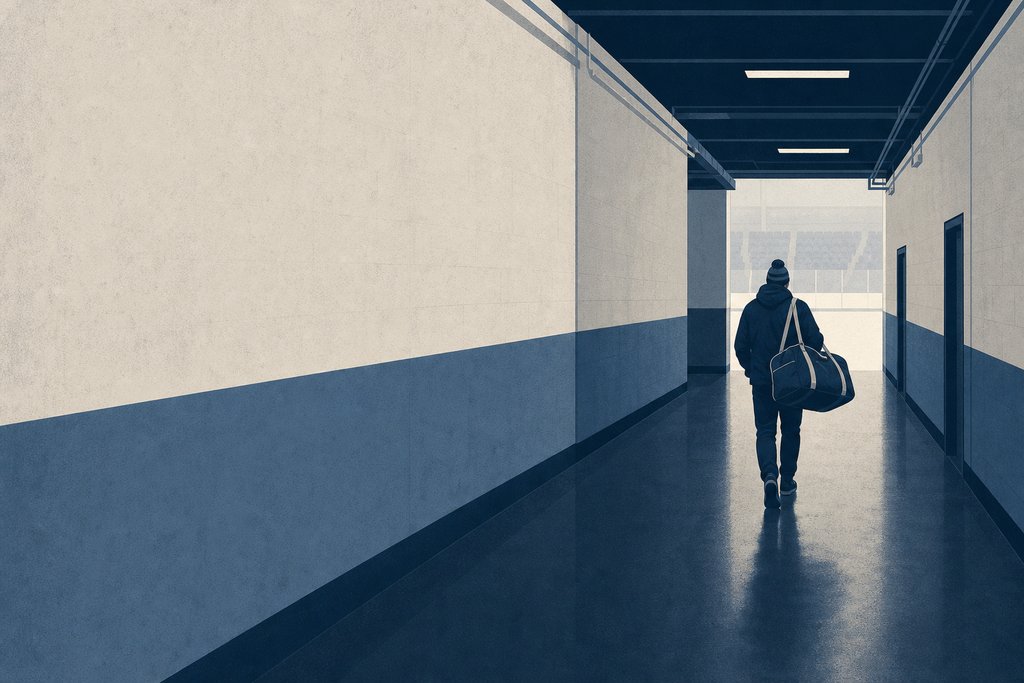 A single figure carrying a hockey bag walking away down a long empty arena corridor towards a bright doorway.