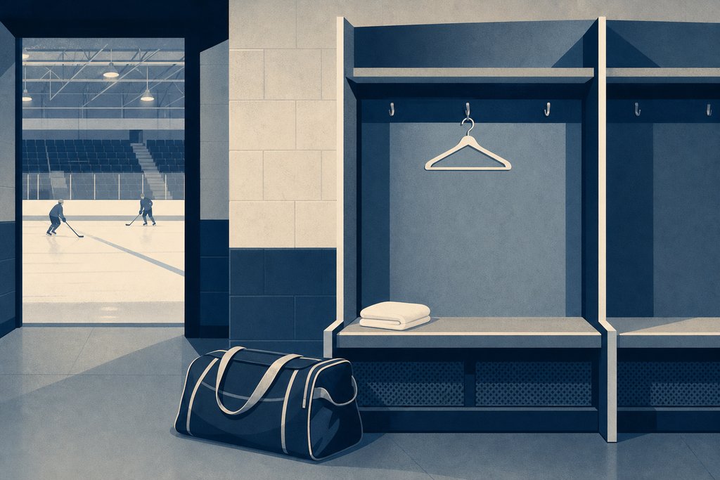 An empty dressing-room stall with a bare hanger and a folded towel, a hockey bag on the floor and the lit rink through a doorway behind.