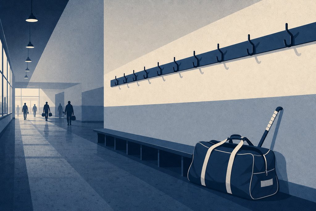 A long row of empty hooks above a bench in an arena corridor, one hockey bag and a stick left under the last of them.
