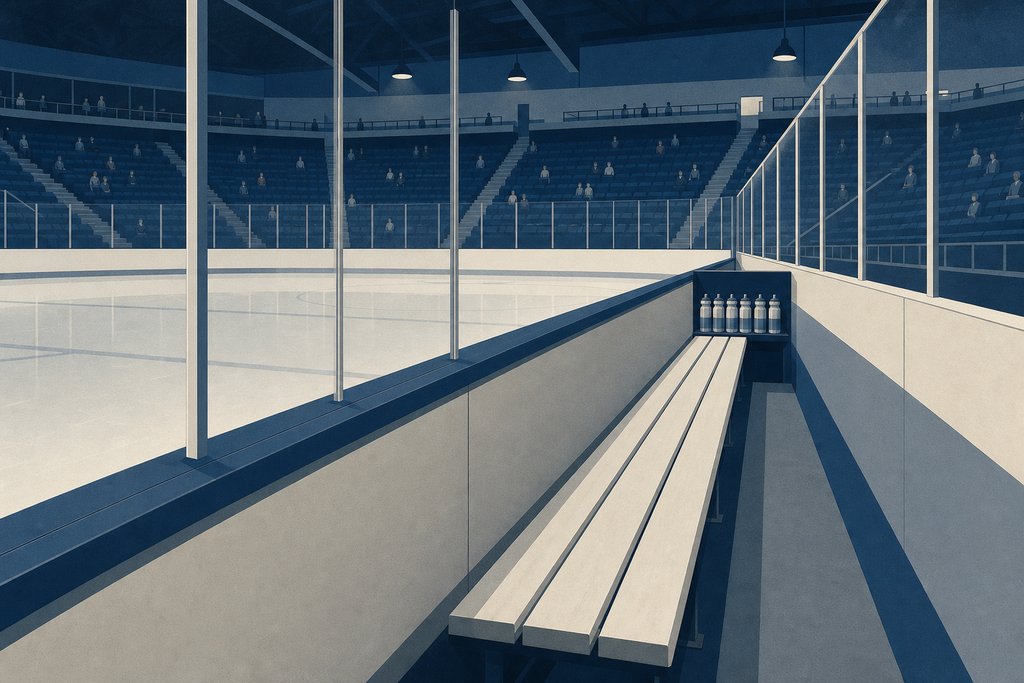 An empty players bench seen from inside it, looking along the bare seat towards a shelf of water bottles, the rink and empty stands beyond the glass.