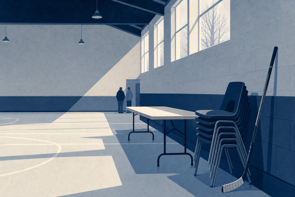 A small-town school gymnasium with a folding table and stacked chairs, winter light through high windows.