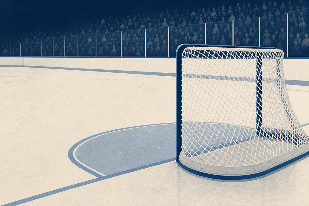 A hockey net seen from behind and slightly to one side, the goal line and crease marked on the ice.
