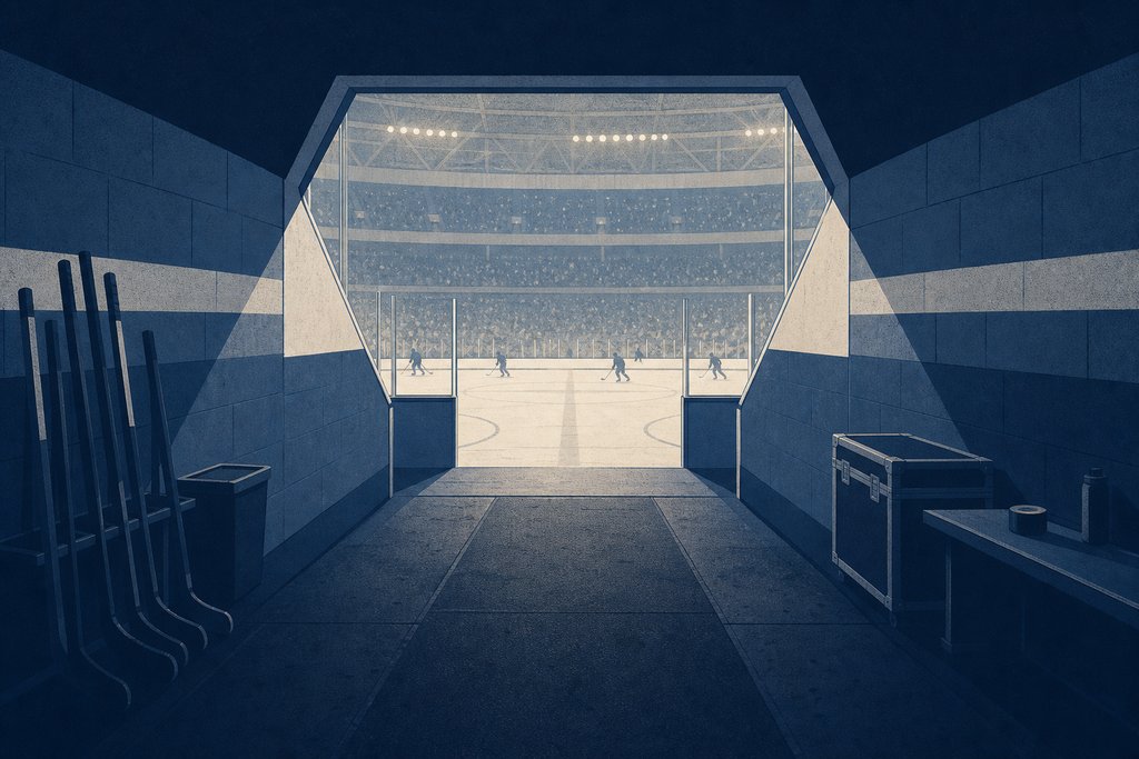 An arena tunnel seen from inside, looking out towards the lit ice through the doorway.