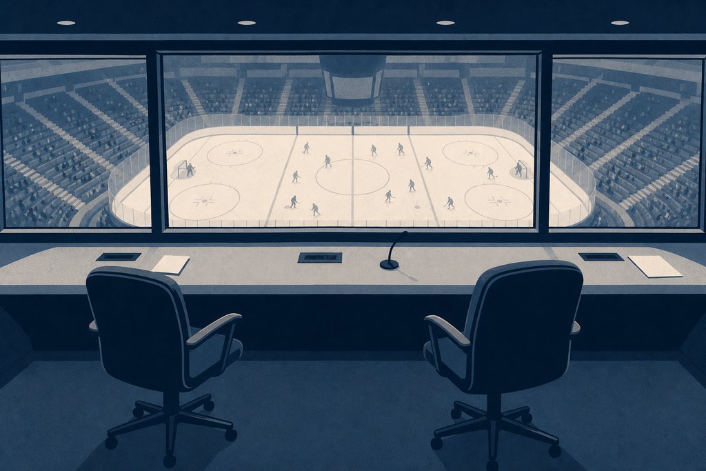 An empty press box high above a rink, two chairs at a long desk, the ice visible far below through the window.