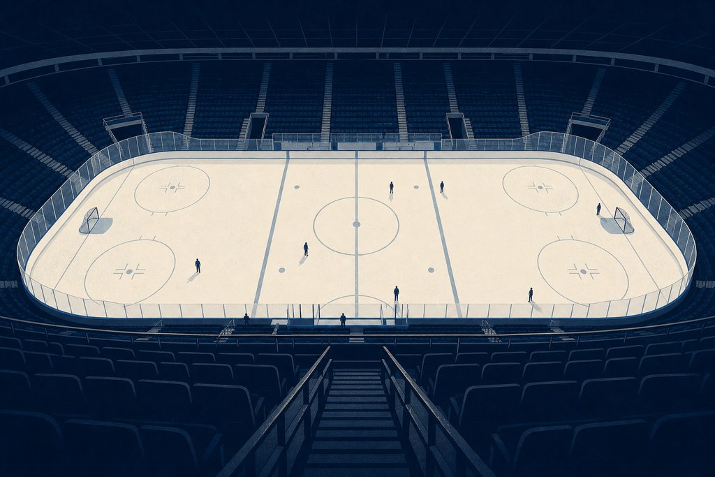 The whole sheet of ice seen from the top of an empty upper tier, a staircase running down through dark seating towards it.
