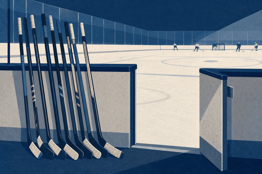 Six hockey sticks leaning against the boards beside an open bench gate, players skating on the ice beyond it.