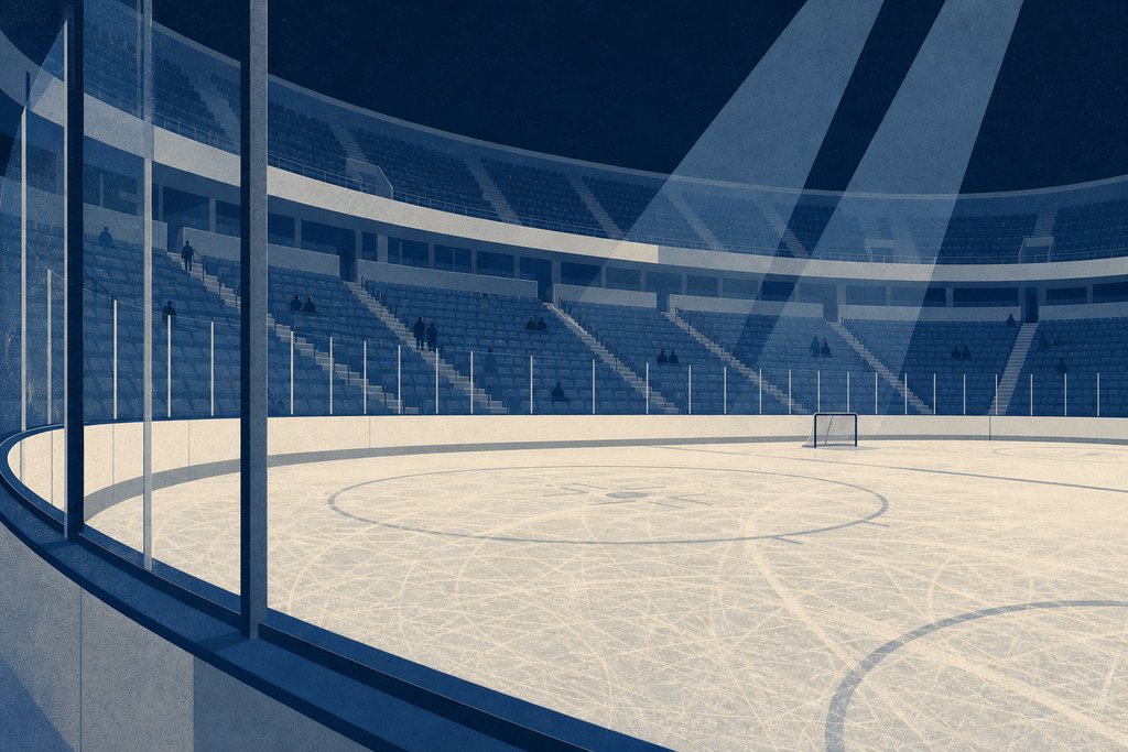 A rink seen at ice level from behind the glass at one end, the boards curving away and empty seats rising beyond them.