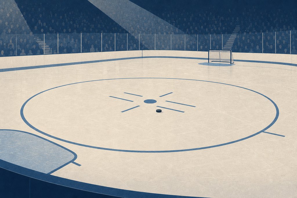 Freshly resurfaced ice at a shallow angle, a faceoff circle and the edge of a crease visible, a puck sitting alone near the dot.