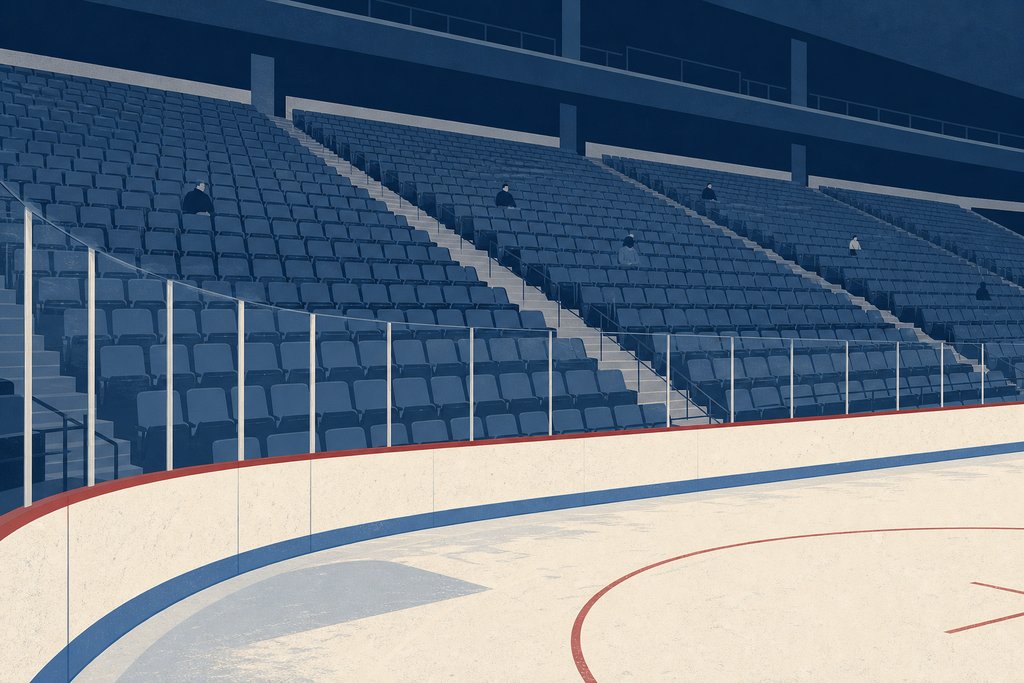 Empty blue seating rising in tiers above the boards at one corner of a rink, the ice and its curving lines in the foreground.