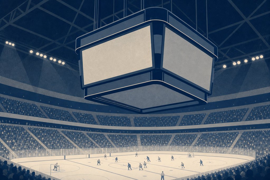 A four-sided scoreboard hanging high over a rink with its panels blank, a full crowd in the tiers and small figures on the ice far below.
