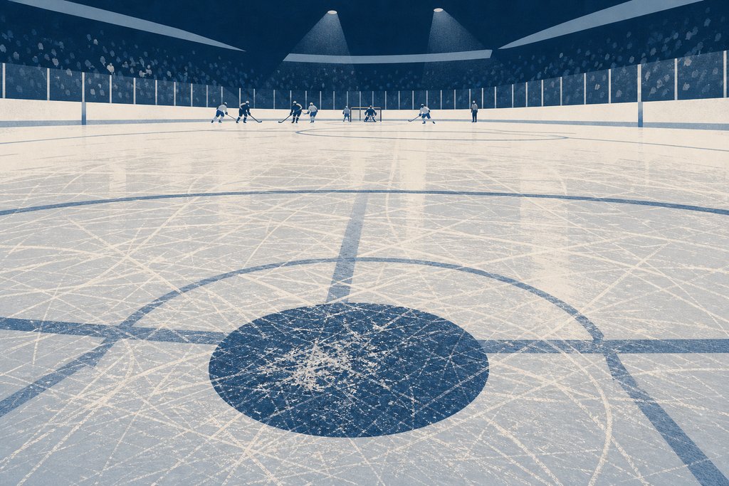 A wide view along the ice from behind a scuffed centre circle, players and a net small in the distance and the crowd beyond them.