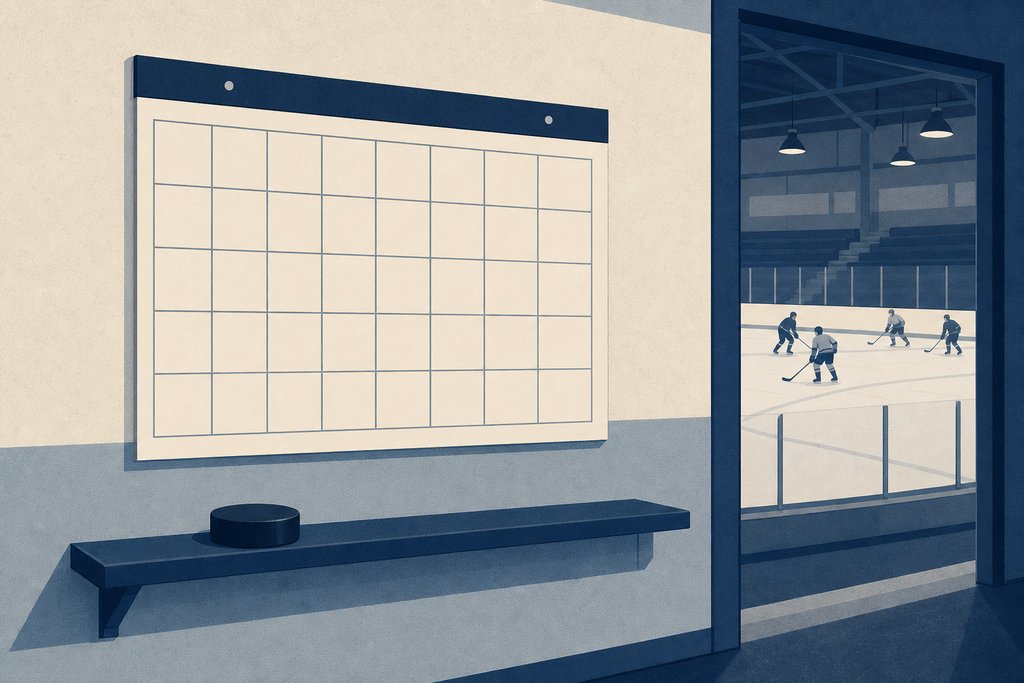 A blank wall calendar grid with a puck resting on the ledge beneath it.