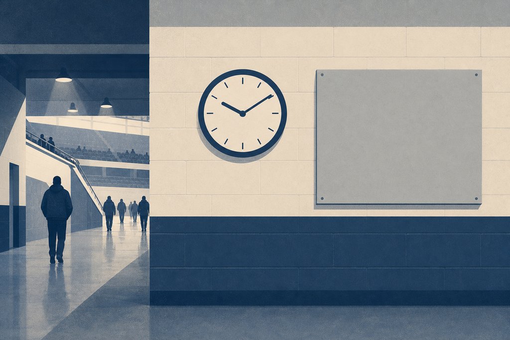 A wall clock and a blank notice board side by side in an arena concourse, people walking past in the distance.