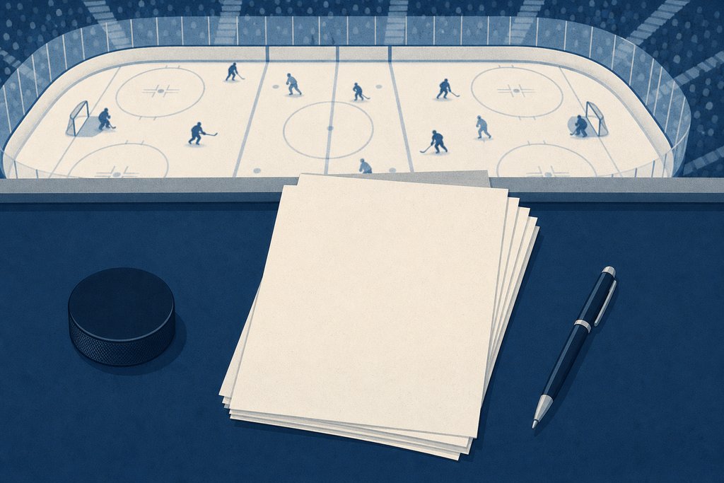 A stack of blank paper sheets on a desk with a pen and a puck beside them, the ice and players visible over the ledge.