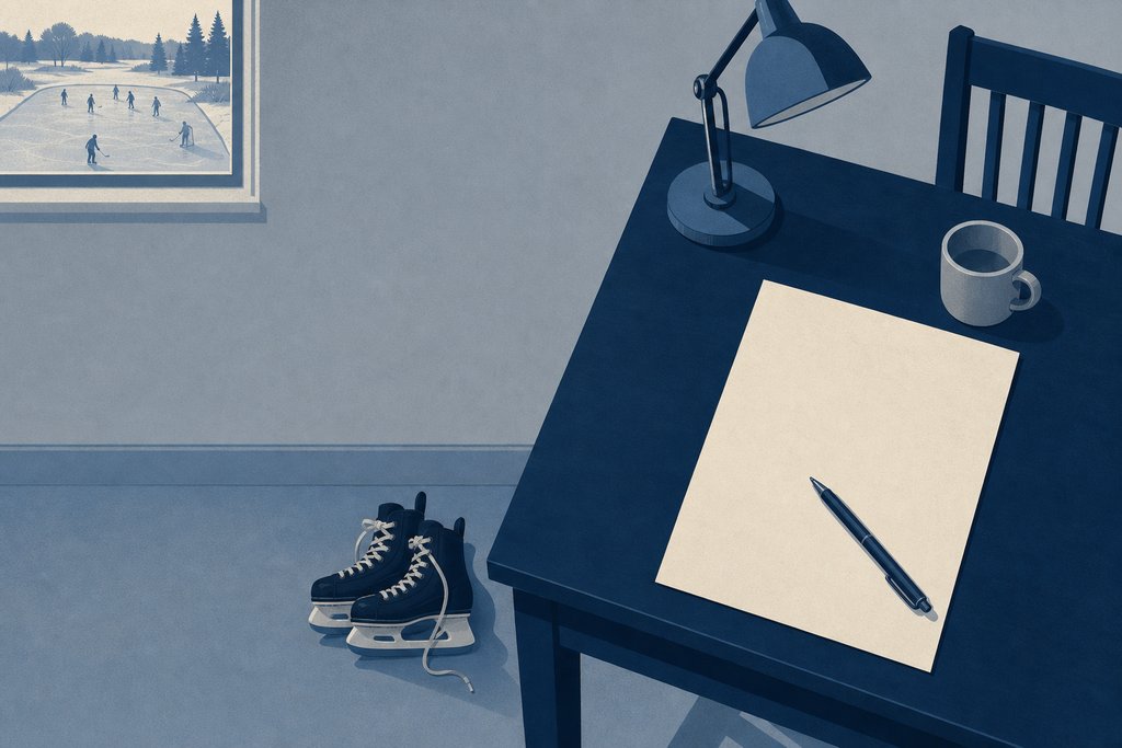 A pen resting on a blank sheet of paper on a plain desk, with a pair of skates on the floor beside it.