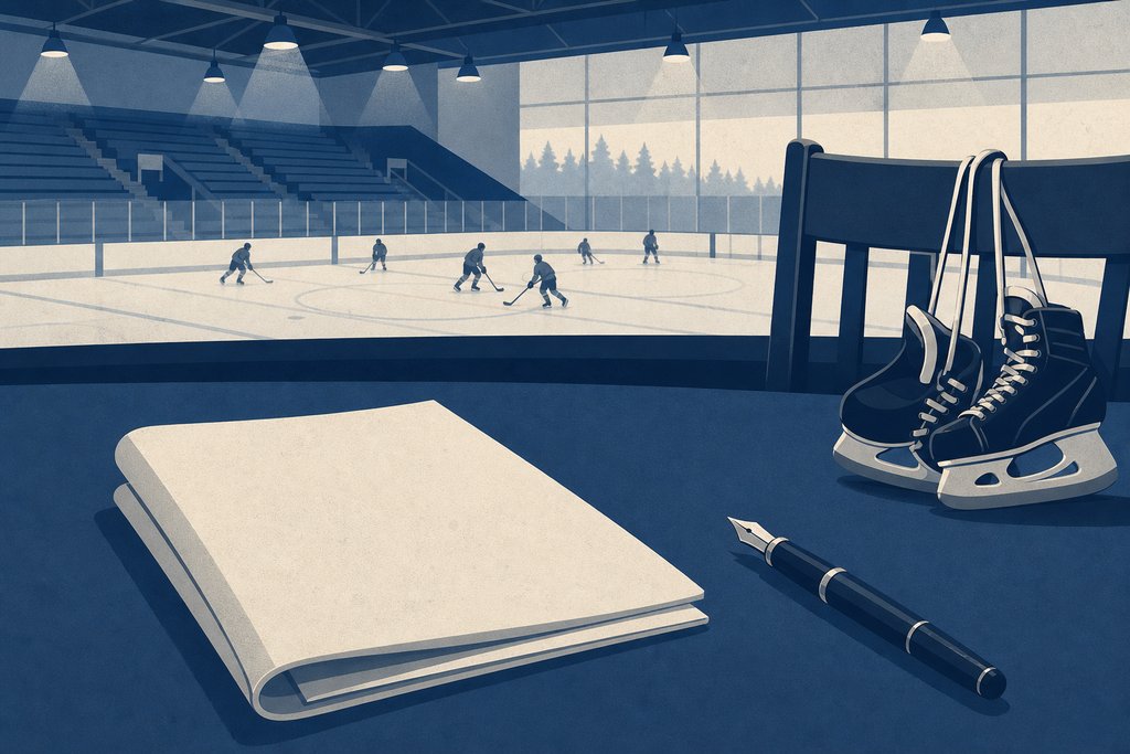 A closed folder and a fountain pen on a desk overlooking a rink, a pair of skates hanging from the chair behind it.