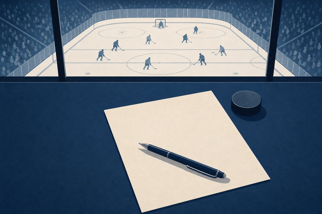 A single blank sheet and a pen on a desk above a rink, a puck at the corner and a game going on beyond the glass.