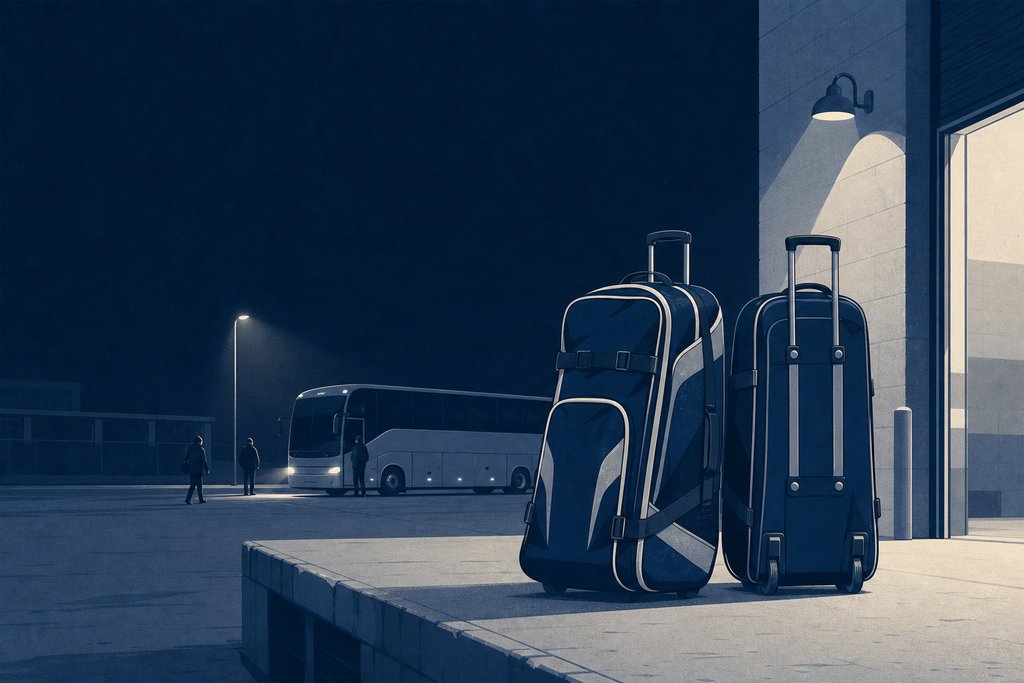 Two hockey equipment bags standing on a loading bay at night, one facing each way, a bus idling behind them.