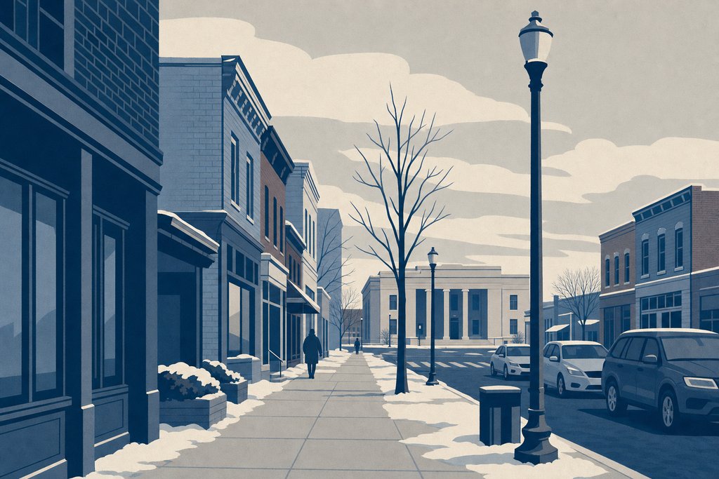 A snowy main street of low brick buildings with parked cars and a street lamp, a larger pale building closing the end of the block.