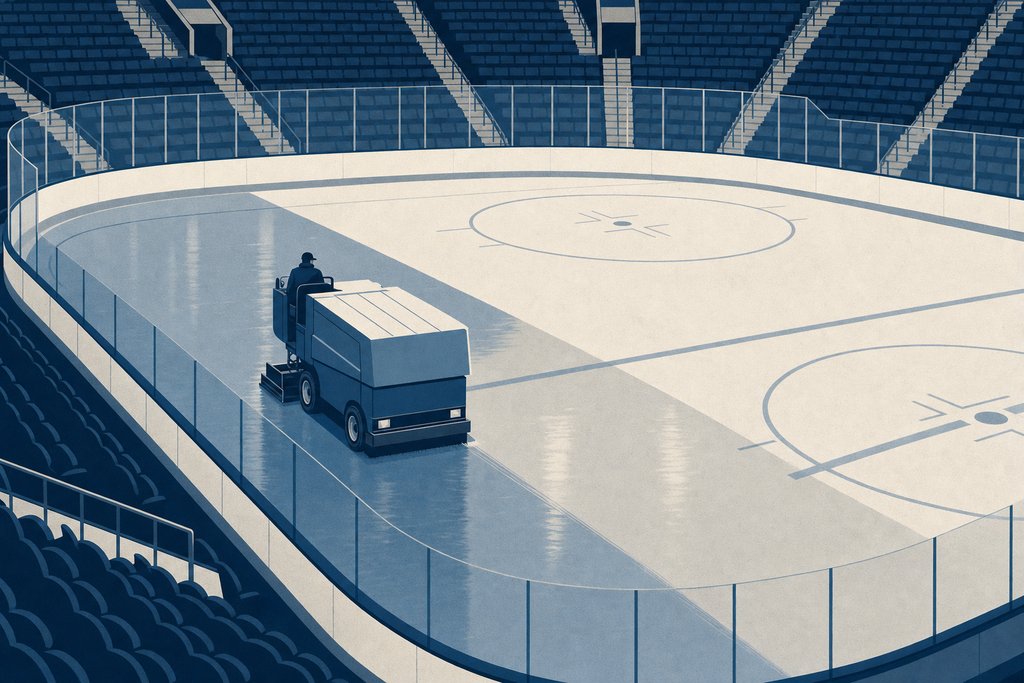 An ice resurfacer part way through a lap of an empty rink, the freshly wet ice behind it darker than the ice ahead, empty seating beyond the boards.