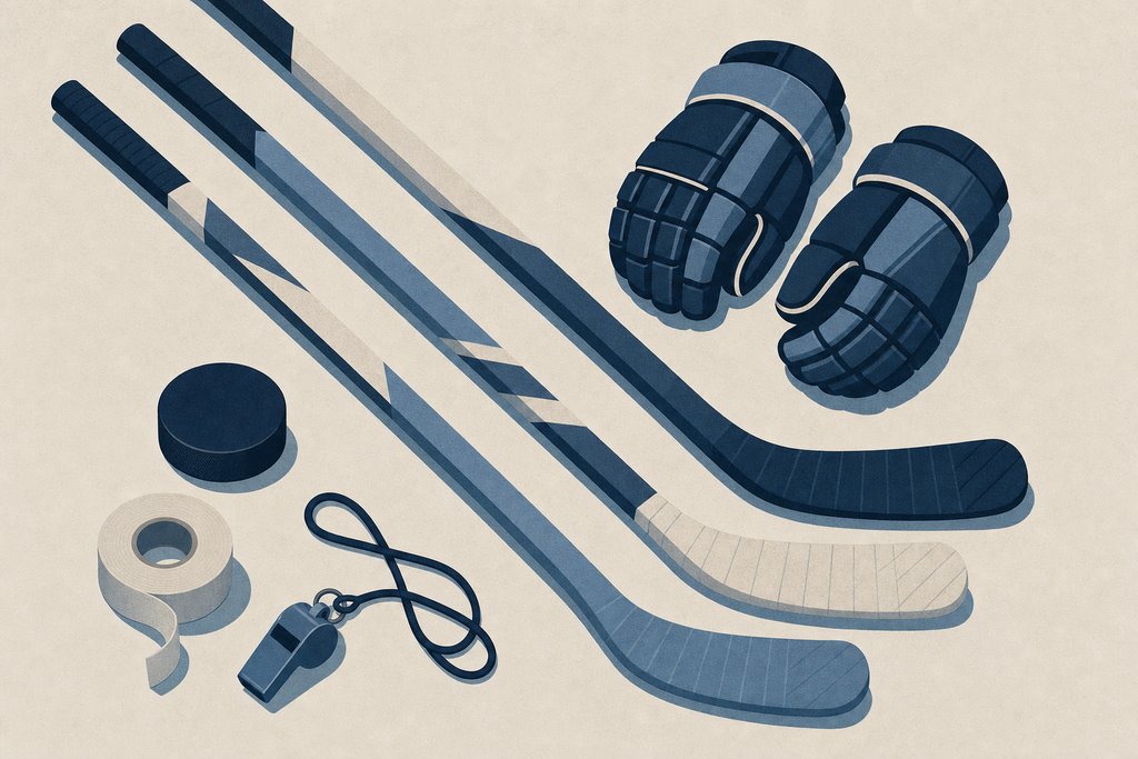 Hockey equipment laid out on a pale surface and seen from above: three sticks, a pair of gloves, a puck, a roll of tape and a whistle.