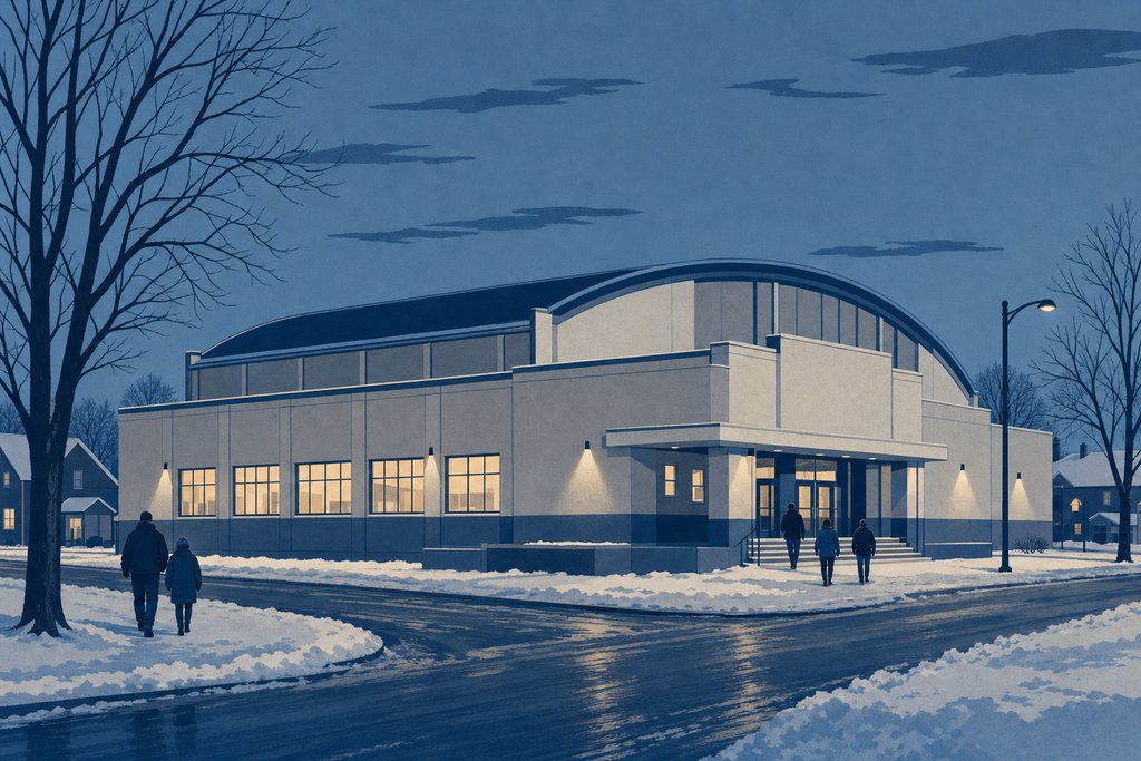 A low arena building on a snowy street corner at dusk, warm light in its windows, bare trees along the pavement and a few people walking towards the entrance.