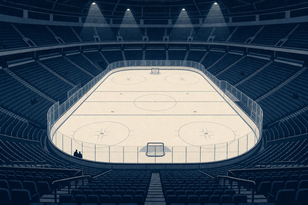 An empty ice rink seen from high in the stands, the lit sheet bright against dark, empty seating, with two small figures standing at the boards.