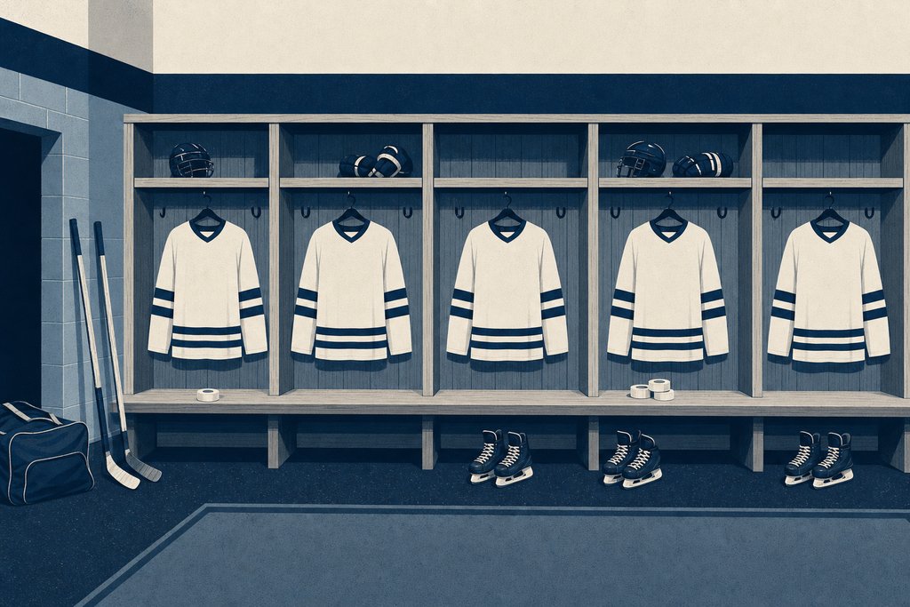 An empty dressing room: five unmarked white sweaters hanging in wooden stalls, helmets on the shelf above them, skates and rolls of tape below.