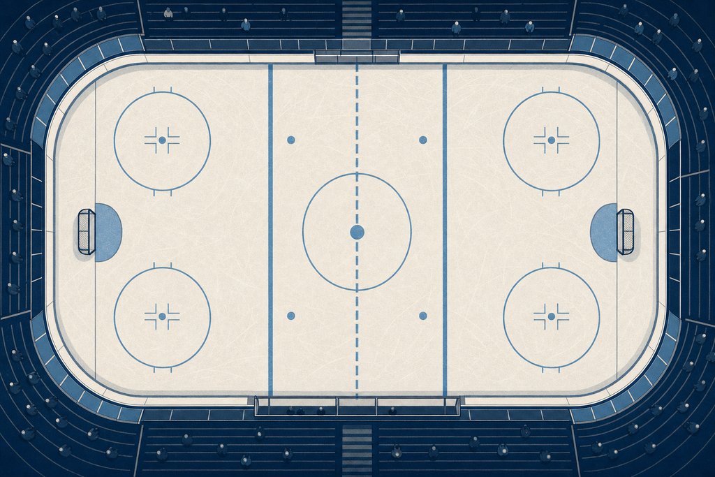 A hockey rink drawn from directly overhead: the full sheet with its five faceoff circles, two blue lines, centre line and both creases, with nobody on the ice.